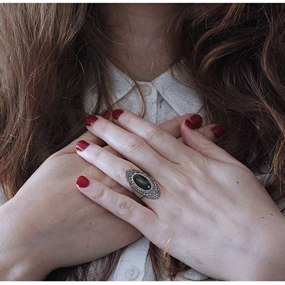 Mytys Retro Vintage Cocktail Statement Ring Black Marcasite and Crystal Rings fo - Picture 5 of 8
